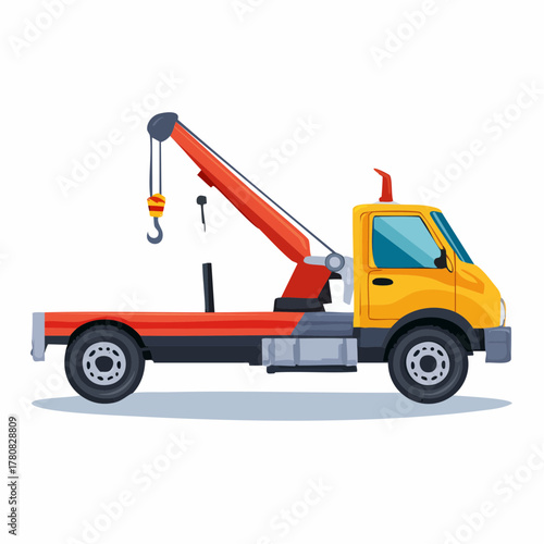 A yellow and red flatbed tow truck with a crane and hook, depicted in a cartoon vector illustration style.