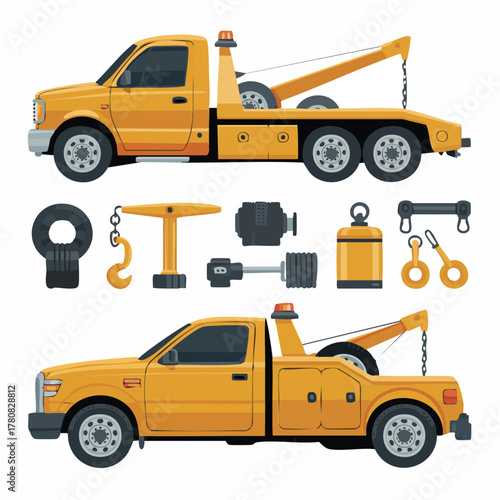 Vector illustration set of yellow tow trucks and roadside assistance equipment isolated on a white background.