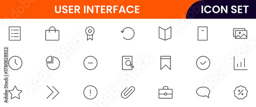 User Interface UI, UX web icons in line style. User, profile, message, mobile app, document file, social media, button, home, chat, arrow, collection. Vector illustration.