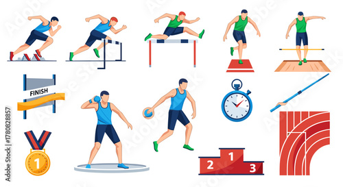 Collection of track and field athletics illustrations showing various disciplines and equipment.