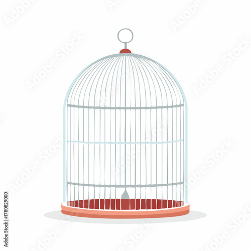 A classic empty domed birdcage with a red base and top, isolated on a plain white background.