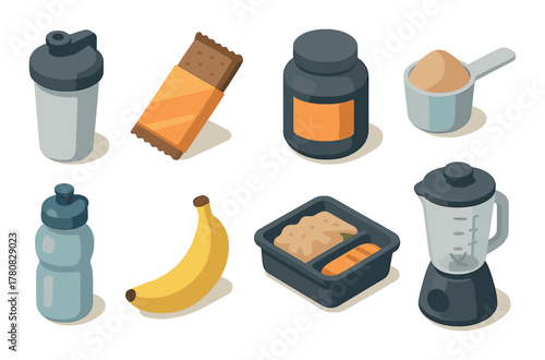 Isometric fitness items: protein shaker, bar, supplements, blender, banana