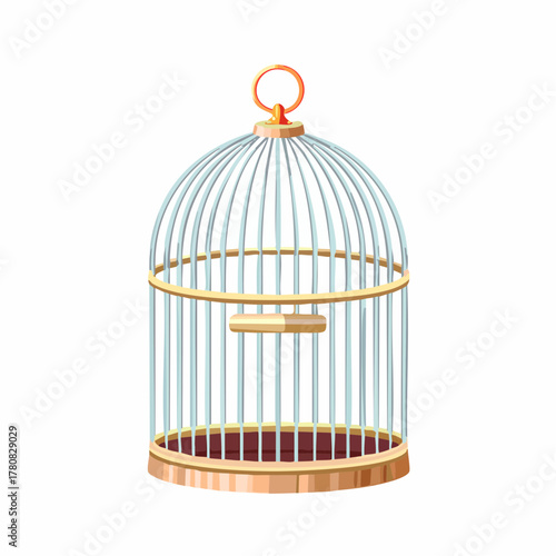 An empty, classic domed birdcage with golden accents and a perch, isolated on a white background.