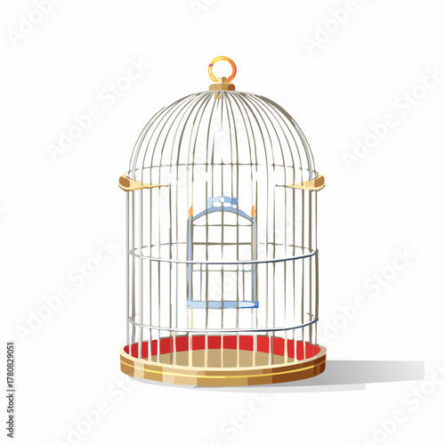 An empty vintage-style dome-topped birdcage with gold and red details, isolated on a white background.