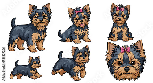 A collection of six cartoon illustrations of Yorkshire Terrier dogs in different poses, isolated on a white background.