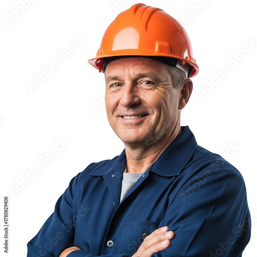 Smiling construction worker wearing an orange hard hat isolated on transparent background