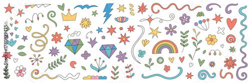Hand-drawn doodle icon collection including colorful arrows, clouds, crowns, sparkles, flowers, hearts, ribbons, and sketchy cartoon figures for children’s vector illustration projects.