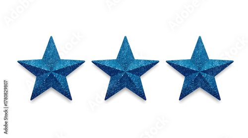 Three Sparkling Blue Glitter Stars on White Background, Decorative Shiny Star Shapes for Party