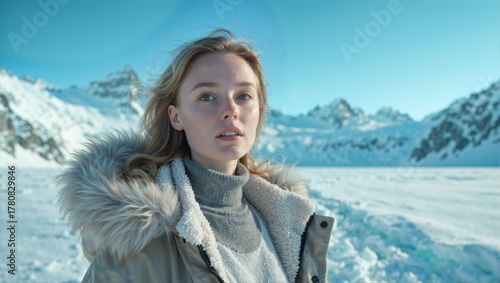 Arctic fashion concept – model in a snowy polar environment. Kobieca moda w ekstremalnych warunkach – zdjęcie na kole polarnym