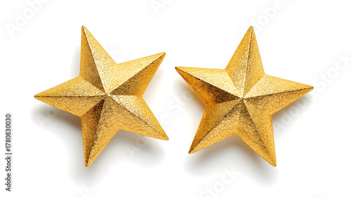 Two shiny gold 3d stars with metallic texture on white background, luxury decorative elements for holiday celebration 