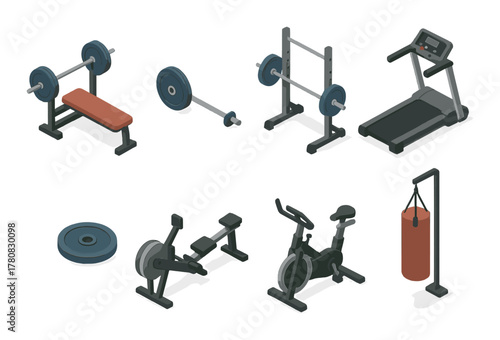 Gym equipment icons set featuring treadmill, weights, bench press, and exercise bike