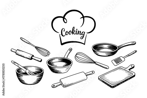 Hand-drawn cooking utensils and chefs hat kitchenware vector illustration for culinary design isolated on white background