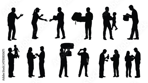 Diverse human silhouettes engaging in interactions and daily activities isolated on transparent background, Vector