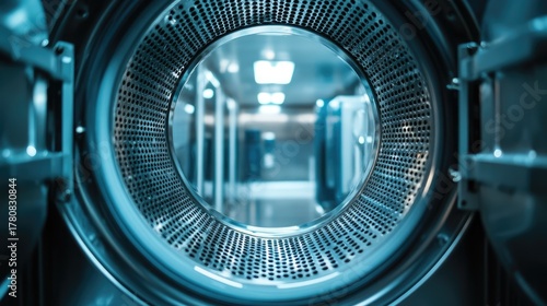 Inside view of a washing machine drum with clean metal walls, looking out toward a laundry room background
