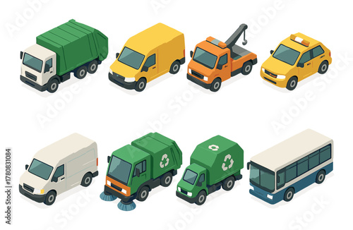 Colorful fleet of isometric utility vehicles variety