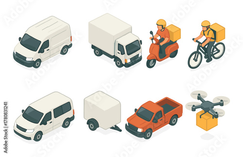 Isometric delivery vehicles and drone: van, truck, scooter, bicycle