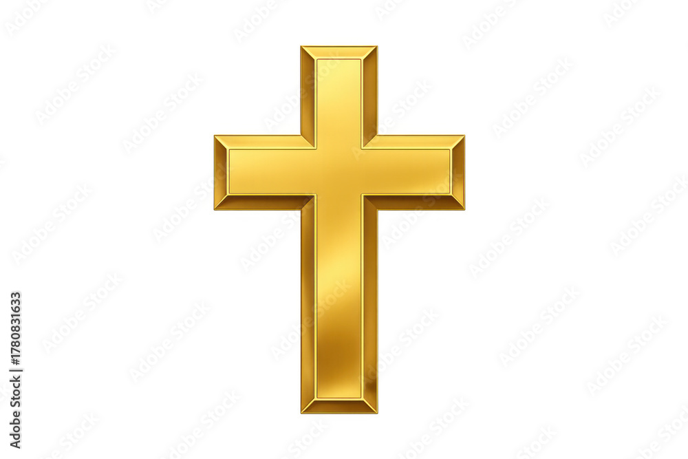 Fototapeta premium Golden christian cross symbol representing faith, spirituality, religion, hope, worship, and resurrection with shiny metal finish