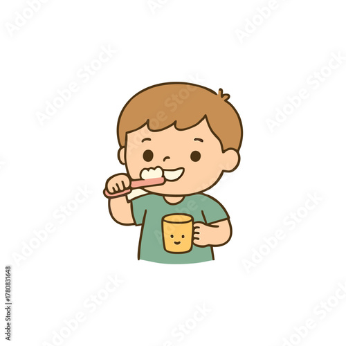 Cute Boy Brushing Teeth – Flat Vector Illustration of Kids Dental Care Morning Routine