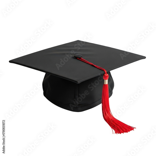 Black graduation cap with red tassel isolated on transparent background