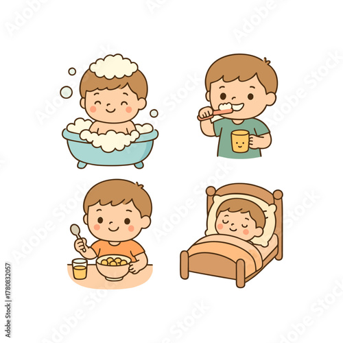 Daily Routine of a Boy — Bath, Eat, and Sleep Cute Vector Illustration