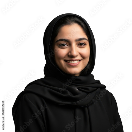 Smiling young woman wearing a black hijab isolated on transparent background