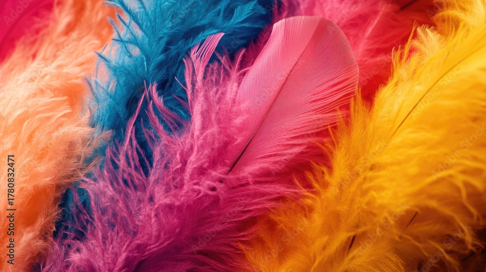 Obraz premium Macro shot of fluffy feather boas in bold colors, focusing on the softness of the feathers and the dynamic interplay of hues