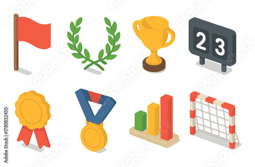 Isometric sports icons: trophy, medal, laurel, scoreboard, goal, graph