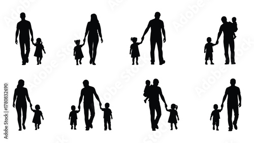 Silhouettes of parents and children isolated on transparent background, Vector