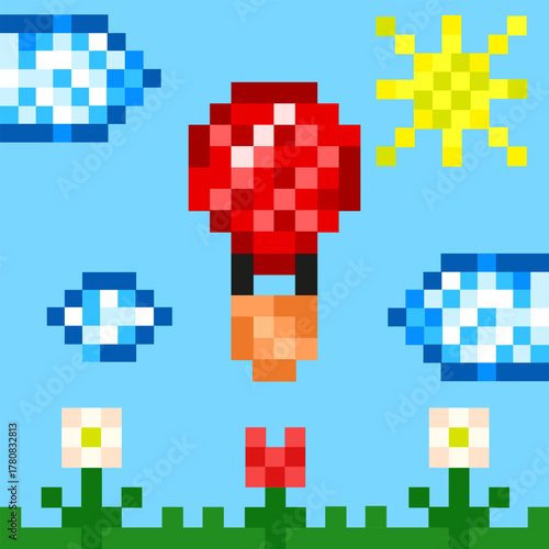 Pixel Summer art. Vector illustration of trendy Pixel Art style hot air balloon Summer flowers blue sky background. Perfect Summer retro poster wall decor. EPS 10