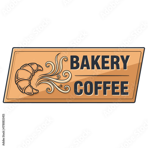 Bakery Coffee Sign with Croissant and Swirls.