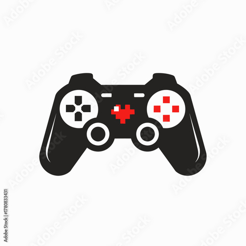 Black video game controller with red pixelated heart icon on white background gaming concept.