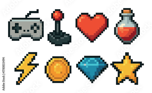 Pixel art icons: joystick, heart, potion, lightning, coin, gem, star on yellow background