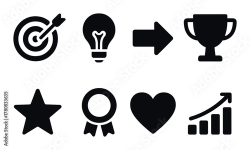 Black silhouette icons: target, light bulb, arrow, trophy, star, ribbon, heart, graph