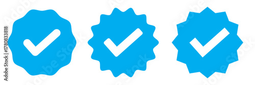 Blue Verified badge icon set. Blue tick check with social media account icon. Set of check mark icons. approved profile sign. white tick in blue circle. Social media official account tick symbol.