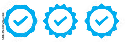 Blue Verified badge icon set. Blue tick check with social media account icon. Set of check mark icons. approved profile sign. white tick in blue circle. Social media official account tick symbol.