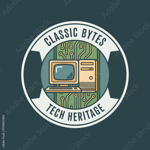 Classic Bytes Tech Heritage retro computer logo emblem design.