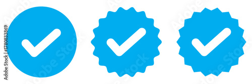 Blue Verified badge icon set. Blue tick check with social media account icon. Set of check mark icons. approved profile sign. white tick in blue circle. Social media official account tick symbol.
