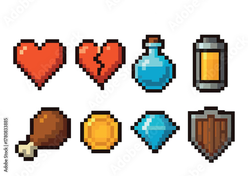 Pixel art icons: heart, potion, battery, shield, coin, gem, chicken leg