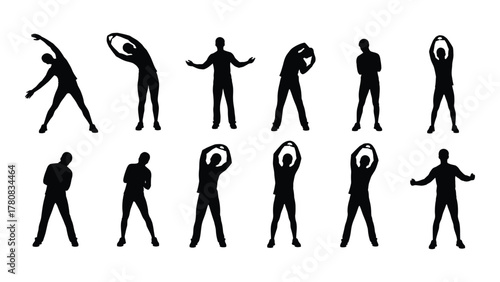 Collection of fitness stretching silhouettes isolated on transparent background, Vector
