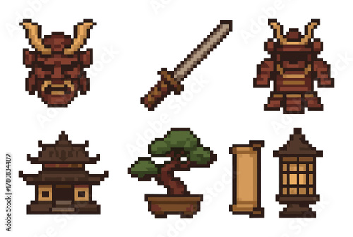 Pixel art icons: samurai helmet, sword, armor, pagoda, bonsai, scroll, lantern