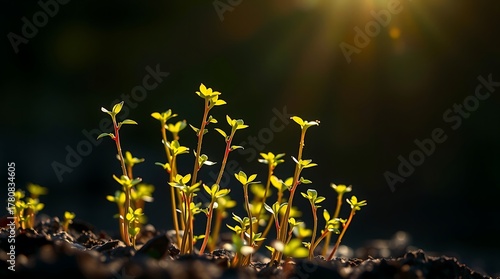Closeup of young plants growing in soil with sunlight shining down, representing new life and growth