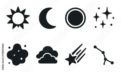 Stylized celestial icons: sun, moon, stars, clouds, and constellations