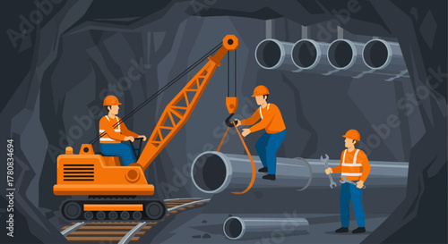 Construction team in a subterranean tunnel uses a rail-mounted crawler crane to install large industrial pipelines while wearing safety gear
