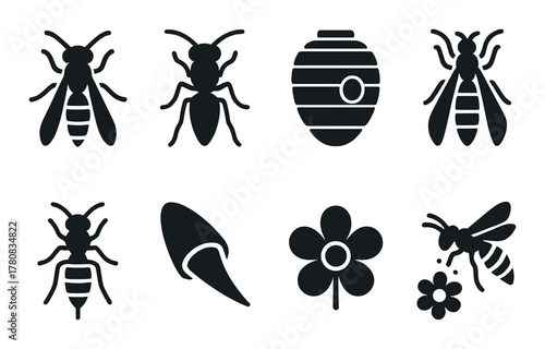 Silhouette icons of insects and nature: bee, wasp, honeycomb, flower, and hive