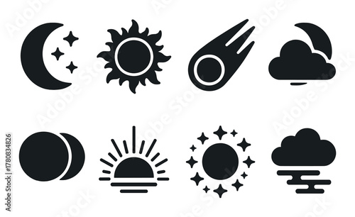Dark icon set featuring moon, sun, cloud, comet, and weather symbols