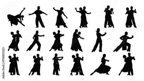 Ballroom and latin dance silhouettes isolated on transparent background, Vector