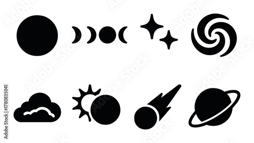 Celestial icons: sun, moon phases, comet, galaxy, stars, cloud, planet