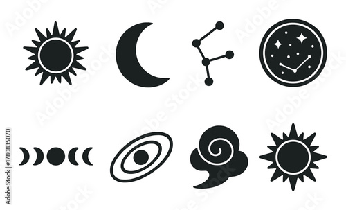 Celestial symbols: sun, moon, constellation, night sky icons on gradient background