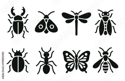 Silhouette collection of insects: beetle, moth, dragonfly, ant, butterfly, wasp