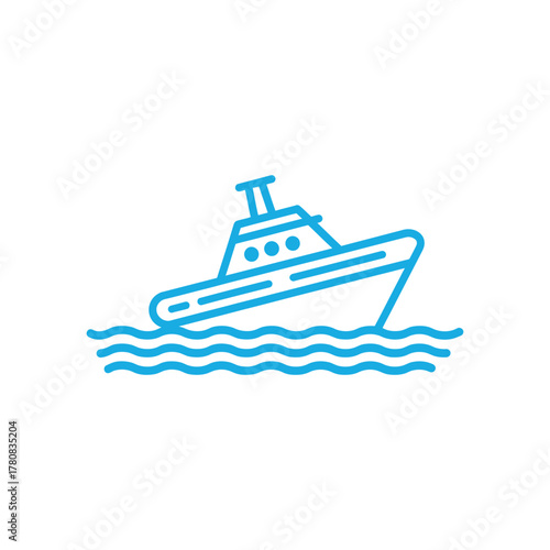 Blue Outline Boat Icon Isolated, Water Transport, Ocean Voyage on Transparent Background